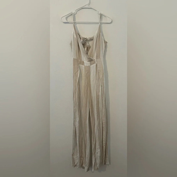 L’Atiste Tan  Striped Sleeveless Jumpsuit Open Back Cotton Linen Wide Leg NWT M - Picture 1 of 11